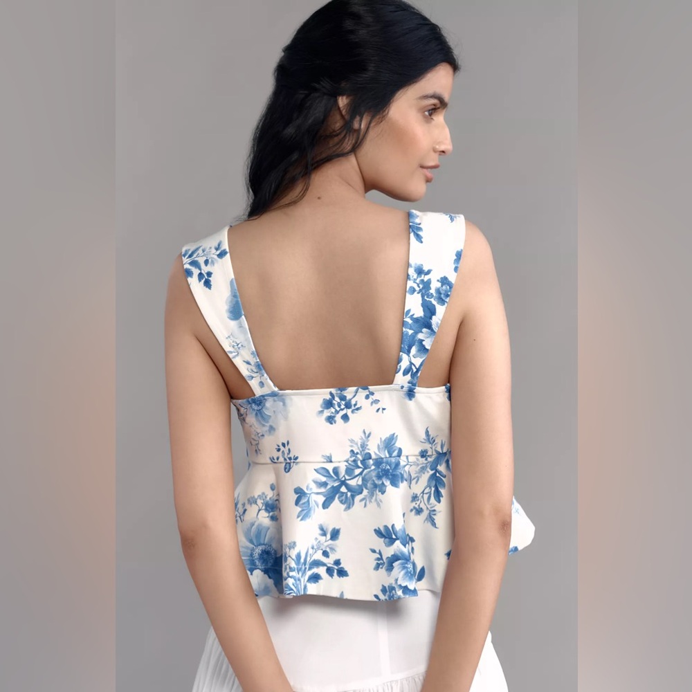 Anthropologie Maeve Square-Neck Peplum Tank Top// Blue Pattern - Picture 3 of 11